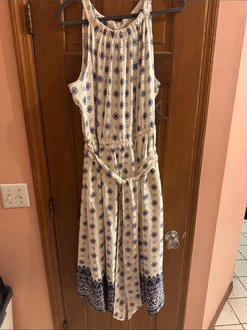 Lane Bryant Cream and Navy Printed Maxi Halter Dress
